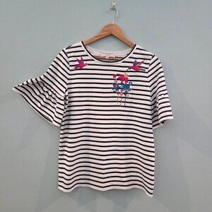 LOFT BLACK & WHITE STRIPED TOP W/EMBROIDERED FLOWERS & HUMMINGBIRDS SIZE SMALL